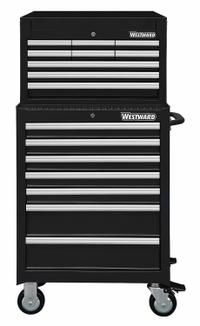 WESTWARD Tool Chest and Cabinet Combination: 16 Drawers, Light Duty, Keyed, Black / Powder Coated (MPN 7CY08). Key specifications — attr1116680: Black; attr1116684: Ball Bearing; attr1116690: WESTWARD; attr1116659: Keyed; attr1116661: Rolling Tool Cabinet 26-3/4 in W x 18 in D x 39-1/2 in H.
