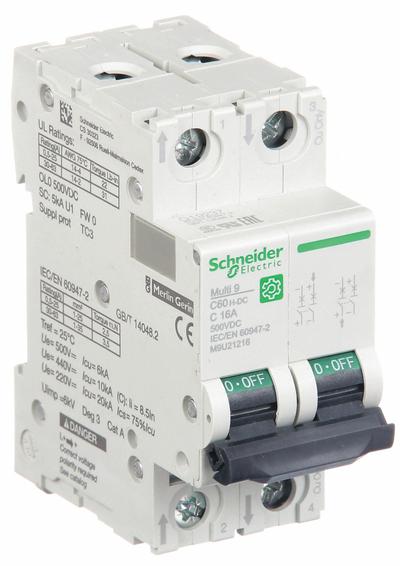 SCHNEIDER Supplementary Protector: 16 A Amps, 500V DC, 5kA at 250V DC, Screw Clamp - DC-Only Rated, 2-Pole UL1077 DIN Rail-Mount Supplementary Protectors