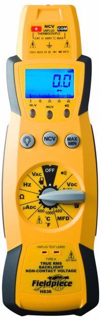 FIELDPIECE Digital Multimeter: TRMS, CAT III 600V, 600 V Max AC Volt Measurement (MPN HS36). Key specifications — Brand: FIELDPIECE; Calibration Certificate Included: No Certification Included; Instrument Safety Rating: CAT III 600V; Instrument Counts: 3,999.