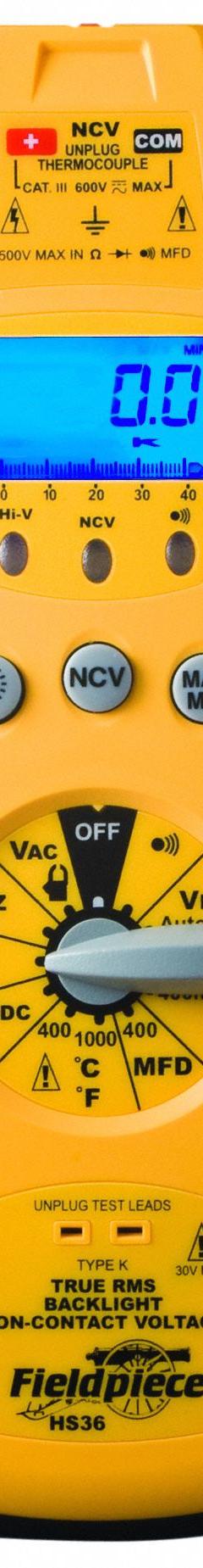 FIELDPIECE Digital Multimeter: TRMS, CAT III 600V, 600 V Max AC Volt Measurement (MPN HS36). Key specifications — Brand: FIELDPIECE; Calibration Certificate Included: No Certification Included; Instrument Safety Rating: CAT III 600V; Instrument Counts: 3,999.