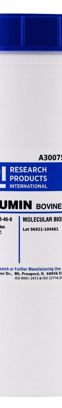 RPI Albumin, Bovine Fraction V (BSA): 1 kg Volume, Molecular Biology, pH: 6.5 to 7.5, Powder (MPN A30075-1000.0). Key specifications — Form: Powder; Special Information: pH: 6.5 to 7.5; Brand: RPI; Chemical Grade: Lab; Container Material: Plastic.