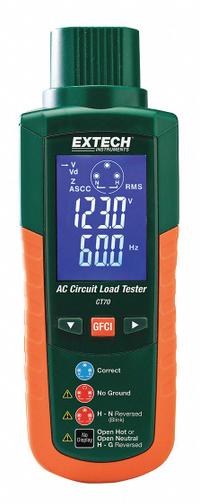 EXTECH Receptacle Tester with GFCI: 90 V AC to 240 V AC, GFCI, CAT II 300V, Digital Display, Digital (MPN CT70). Key specifications — Load Current: 12 A; Brand: EXTECH; CAT Safety Rating: CAT II 300V.