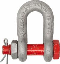 CROSBY D-Shackle: Chain Shackle, 27,000 lb Working Load Limit, 2 1/4 in Wd Between Eyes, Silver, Red (MPN 1019917). Key specifications — Body Color: Silver; Brand: CROSBY.