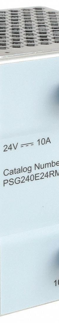EATON DC Power Supply: DIN Rail, 240 W Output Power - Rated, 10 A Current - Output, Single Phase (MPN PSG240E24RM). Key specifications — attr1044898: Single; attr1044874: Aluminum; attr1044879: 100 to 240V AC; attr211400: EATON.