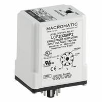 MACROMATIC Level Control Relay: Socket Mounted, Single Probe, 10 A Current Rating, 120V AC (MPN LCP2B250F2). Key specifications — Contact Rating (AC): 10 A @ 240V AC; Contact Rating (DC): 7 A @ 28V DC; Electrical Connection: 8-Pin Terminal; Mounting Style: Socket; Number of Probes: Single Probe; Relay Function: Pump Down; Status Indicator: LED Indicator; Brand: MACROMATIC.