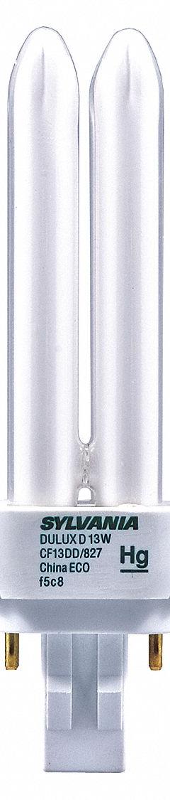LEDVANCE/ SYLVANIA Compact Fluorescent Bulb: 4-Pin (G24q-1), T4, Fluorescent, 2700K, 13 W Watt (MPN CF13DD/E/827/ECO). Key specifications — Brand: LEDVANCE/ SYLVANIA; Bulb Designation: CF13DD/E/827/ECO; Dimmable: Yes; Color Temperature: 2700K.