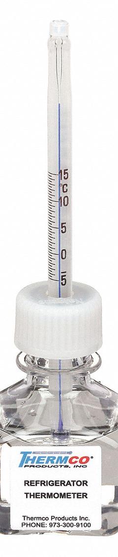 THERMCO Bottle Thermometer: -5°C to 15°C, +/-1.5°C, 30 mL Bottle Volume, Glycol (MPN ACCR0201BLST). Key specifications — Bottle Fill Medium: Glycol; Temperature Units: Celsius; Accuracy: +/-1.5°C; Brand: THERMCO.