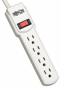 TRIPP LITE Outlet Strip: 4 Outlets, 4 ft Cord Lg, 450 J Rated Energy, 15 A Current, UL 1363, Gray (MPN TLP404). Key specifications — Brand: TRIPP LITE; Mounting Style: Keyhole.