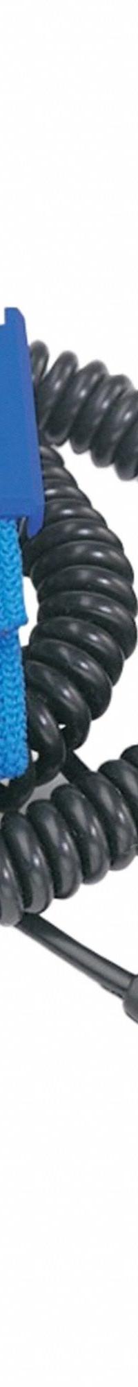 DESCO Wrist Strap: Elastic, Light Blue, Black, 1 Strap Conductors, 12 ft Cord Lg - Max, Coiled (MPN 09069). Key specifications — Brand: DESCO; Includes: Coil Cord; Cord Color: Black; Strap Color: Light Blue; Cord Shape: Coiled.