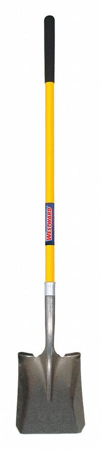 WESTWARD Square Point Shovel: Steel Blade, 14 ga, Straight Handle Type, Fiberglass Handle (MPN 3YU83). Key specifications — Blade Color: Gray; Handle Color: Yellow; Blade Material: Steel.