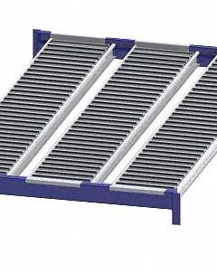 UNEX ROLLER RACK Gravity Flow Shelf: Tilt, 48 in x 72 in x 2 5/8 in, 3,000 lb Shelf Capacity, Steel (MPN RR99S2R4X6-L). Key specifications — Shelf Angle: Tilt; Finish: Powder Coated; Material: Steel; Brand: UNEX ROLLER RACK.
