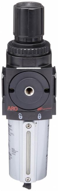 ARO Filter-Regulator: 2000 Series, 1/2 in NPT, 172 cfm, 0.3 micron, 0 psi to 140 psi, Manual Drain (MPN P39343-110). Key specifications — attr109419: ARO; attr109429: Aluminum; attr109463: No; attr109468: 2000.