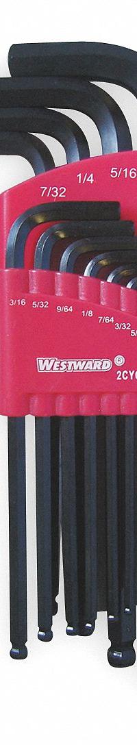 WESTWARD Hex Key Set: 11 - 15 Pieces, L, SAE, Single Ball End, Long, 13 Pieces, Organizer, 2 Tips (MPN 2CYC6). Key specifications — attr1205553: Not Tether Capable; attr1205554: WESTWARD; attr1205568: Black Oxide; attr1293176: 11 - 15 Pieces.