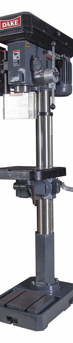 DAKE CORPORATION Floor Drill Press: Belt Drive, Variable Speed, 68 RPM – 1,380 RPM, 18 in Swing (MPN 977700-1V). Key specifications — attr22849: 68 to 1,380 RPM; attr22858: 120V AC; attr73523: Tapping; attr22856: Belt; attr73570: Single-Phase; attr22850: 9 in; attr22846: 1-1/2 hp; attr22840: 20 A.