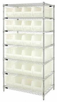 QUANTUM STORAGE SYSTEMS Bin Shelving: 36 in x 24 in x 74 in, 1 Sided, 24 Bins, Open, Clear, QUS951CL (MPN WR7-951CL). Key specifications — Includes Bins: Yes; Bin Material: Polypropylene; Frame Color: Silver; Bin HxWxD: (24) 9 in x 8-1/4 in x 23-7/8 in; Frame Material: Steel; Bin Color: Clear; Bin Style: Hang and Stack; Brand: QUANTUM STORAGE SYSTEMS.
