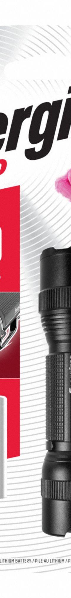 ENERGIZER Flashlight: 300 lm, 2 hr Run Time at Max. Brightness, 100 m Max Beam, 2 Light Outputs (MPN ENPMHT1L). Key specifications — Brand: ENERGIZER; Switch Location: Tail; Battery Requirements - Broad: Includes 1 CR123.