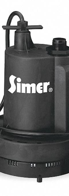 SIMER Plug-In Utility Pump: 1/3 hp, 0 in Max. Dia. Solids, Continuous Duty, 115V AC, 28 ft Max. Head (MPN 2355-04). Key specifications — Impeller Material: Thermoplastic; Includes: 3/4" Garden Hose Adapter; Rated Voltage: 115V AC; Volute Material: Thermoplastic; Brand: SIMER.