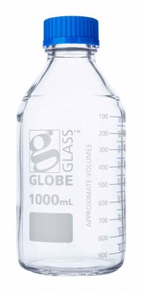 GLOBE SCIENTIFIC Media Bottle: 1 L, Screw-On, GL45, 225 mm, Colorless, Closure Included, Attached (MPN 8101000). Key specifications — Closure Type: Screw-On; Mouth Size: Wide; Screw Closure Size: GL45; Brand: GLOBE SCIENTIFIC; Body Color: Colorless.