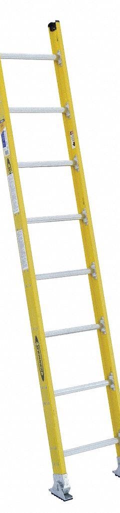WERNER Straight Ladder: 8 ft Ladder Size, Fiberglass, 375 lb Load Capacity, 20 lb Wt, 8 Rungs (MPN 7108-1). Key specifications — Color: Yellow; Brand: WERNER; Included Features: Mar-Resistant End Caps; Shoe Type: Slip-Resistant.