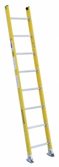 WERNER Straight Ladder: 8 ft Ladder Size, Fiberglass, 375 lb Load Capacity, 20 lb Wt, 8 Rungs (MPN 7108-1). Key specifications — Color: Yellow; Brand: WERNER; Included Features: Mar-Resistant End Caps; Shoe Type: Slip-Resistant.