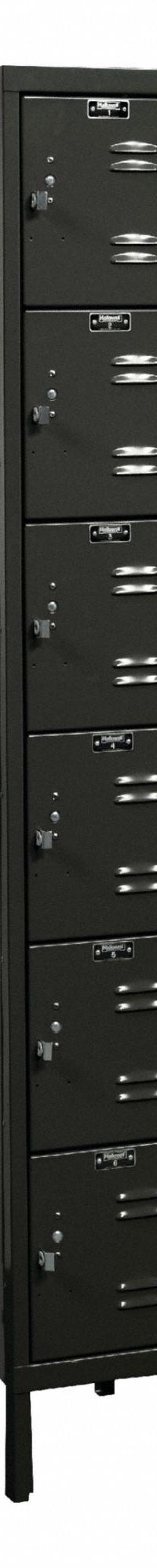 HALLOWELL Locker: 12 in x 15 in x 78 in, 6 Tiers, 1 Units Wide, Louvered, Padlock, Black, Black (MPN U1258-6ME). Key specifications — Locker Color: Black; Door Type: Louvered; Includes Number Plates: Yes; ADA Compliant: No; Lock Type: Padlock; Brand: HALLOWELL; Assembled: Unassembled; Color Family: Black.