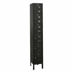 HALLOWELL Locker: 12 in x 15 in x 78 in, 6 Tiers, 1 Units Wide, Louvered, Padlock, Black, Black (MPN U1258-6ME). Key specifications — Locker Color: Black; Door Type: Louvered; Includes Number Plates: Yes; ADA Compliant: No; Lock Type: Padlock; Brand: HALLOWELL; Assembled: Unassembled; Color Family: Black.
