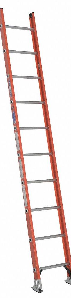WERNER Straight Ladder: 10 ft Ladder Size, Fiberglass, 300 lb Load Capacity, 23 lb Wt, 10 Rungs (MPN D6210-1). Key specifications — Color: Orange; Brand: WERNER; Included Features: Mar-Resistant End Caps; Shoe Type: Slip-Resistant.