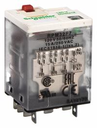SCHNEIDER General Purpose Relay: Socket Mounted, 15 A Current Rating, 120V AC, 3PDT, E Socket (MPN RPM32F7). Key specifications — Brand: SCHNEIDER; Base Type: Square; Mounting Style: Plug-In; Pin Shape: Flat; Electrical Connection: Quick-Connect; Manufacturer Part Number: RPM32F7; Series: Harmony™ RPM Series.