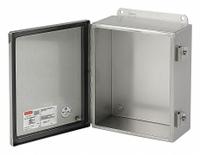 HOFFMAN Enclosure: 316L Stainless Steel, 14 in x 12 in x 6 in, NEMA 12/3R/4/4X, Solid Cover, Hinged (MPN A1412CHNFSS6). Key specifications — Brand: HOFFMAN; Closure Method: Clamps; Enclosure Material: 316L Stainless Steel; Knockouts: Not Included.