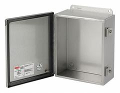 HOFFMAN Enclosure: 316L Stainless Steel, 14 in x 12 in x 6 in, NEMA 12/3R/4/4X, Solid Cover, Hinged (MPN A1412CHNFSS6). Key specifications — Brand: HOFFMAN; Closure Method: Clamps; Enclosure Material: 316L Stainless Steel; Knockouts: Not Included.
