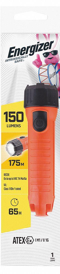 ENERGIZER Safety-Rated Flashlight: 150 lm, 65 hr Run Time at Max Brightness, 175 m Max Beam, Orange (MPN ENISHH25E). Key specifications — Brand: ENERGIZER; Battery Requirements - Broad: Requires 2 D.