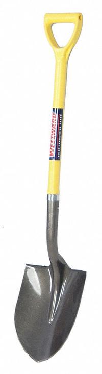 WESTWARD Round Point Shovel: Steel Blade, 14 ga, D-Grip Handle Type, Fiberglass Handle (MPN 12V170). Key specifications — Blade Color: Black; Handle Color: Natural; Blade Material: Steel.