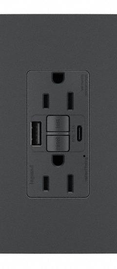 LEGRAND GFCI-USB: Duplex, 5-20, Black, GFCI, 125V AC, 20 A, 2 Pole / 3 Wire (MPN 2097NTLTRBK)