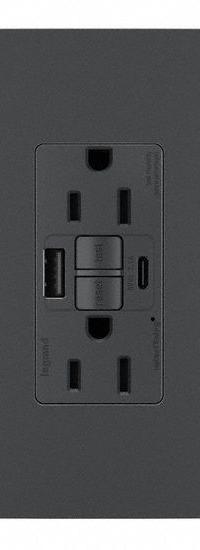 LEGRAND GFCI-USB: Duplex, 5-20, Black, GFCI, 125V AC, 20 A, 2 Pole / 3 Wire (MPN 2097NTLTRBK)