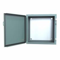 HAMMOND Electrical Enclosure: Steel, 20 in x 20 in x 10 in, NEMA 12/13, w/Panel, Solid Cover, Hinged (MPN 1418D10). Key specifications — Brand: HAMMOND; Closure Method: Clamps; Knockouts: Not Included.