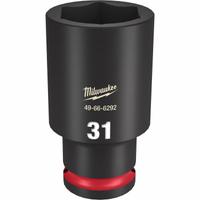 MILWAUKEE Deep Impact Socket: 1/2 in Drive Size, Metric, 31 mm Socket Size, 6-Point, Deep, Friction (MPN 49-66-6292). Key specifications — attr1215501: MILWAUKEE; attr1215515: Black Phosphate; attr1215518: 31 mm.