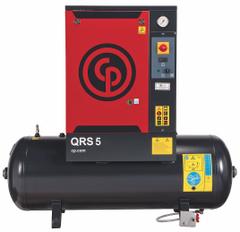 CHICAGO PNEUMATIC Rotary Screw Air Compressor: Horizontal, 5 hp, 16.6 cfm, 60 gal Tank, Three Phase (MPN QRS 5 HP). Key specifications — attr48606: Three; attr48593: 460V AC; attr48578: CHICAGO PNEUMATIC; attr110305: Not Included.