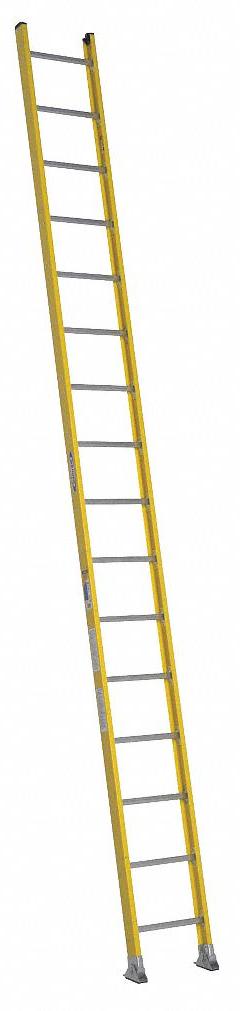 WERNER Straight Ladder: 16 ft Ladder Size, Fiberglass, 375 lb Load Capacity, 40 lb Wt, 16 Rungs (MPN 7116-1). Key specifications — Color: Yellow; Brand: WERNER; Included Features: Mar-Resistant End Caps; Shoe Type: Slip-Resistant.