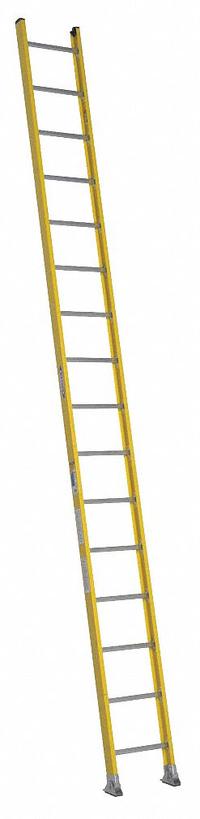 WERNER Straight Ladder: 16 ft Ladder Size, Fiberglass, 375 lb Load Capacity, 40 lb Wt, 16 Rungs (MPN 7116-1). Key specifications — Color: Yellow; Brand: WERNER; Included Features: Mar-Resistant End Caps; Shoe Type: Slip-Resistant.