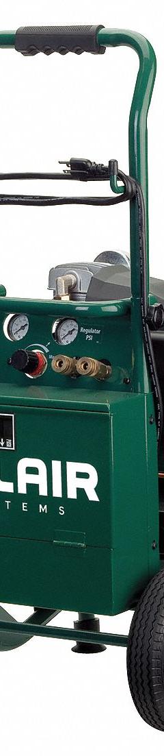 ROLAIR Portable Air Compressor: Oil Lubricated, 3.2 gal, Hot Dog, 2 hp, 4.2 cfm @ 90 psi, 120V AC (MPN VT20TB). Key specifications — attr48686: Oil Lubricated; attr48685: 120V AC; attr48689: 5.50 cfm; attr48678: 12.5 A; attr48688: Gauge; attr48671: ROLAIR; attr124308: Standard (75 dBA or more).
