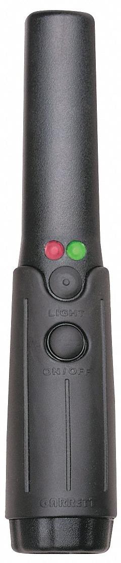 GARRETT METAL DETECTORS Hand-Held Metal Detector: 8 3/8 in L x 4 in W x 1 1/2 in H (MPN 1165900). Key specifications — Alert Type: Vibration; Batteries Included: Batteries Included; Battery Size: 9V; Brand: GARRETT METAL DETECTORS.