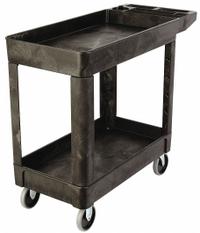 RUBBERMAID COMMERCIAL PRODUCTS Utility Cart: 500 lb, 2 Shelves, 32 in L x 18 in W Self, Black, Flat (MPN FG450089BLA). Key specifications — Shelf Color: Black; Brand: RUBBERMAID COMMERCIAL PRODUCTS; Caster/Wheel Configuration: (2) Swivel.