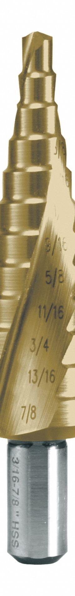 RUKO TOOLS Step Drill Bit: 3/16" to 7/8", TiN-Coated HSS, 3-Flats Shank (MPN 101704T). Key specifications — attr1234936: Not Impact Rated.