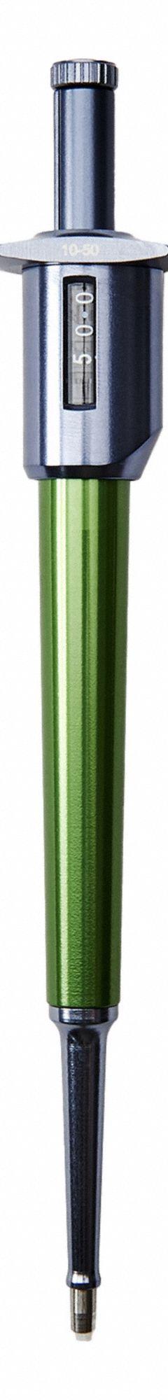 CELLTREAT Single-Channel MLA Pipettor: 1 Channels, 50 ul Capacity - Max, Manual Adj Volume (MPN 1136). Key specifications — Color: Green; Brand: CELLTREAT; Pipetter Type: Manual Adjustable Volume; Product Type: Single-Channel MLA Pipettor.
