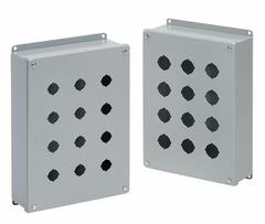 HOFFMAN Push Button Enclosure: 22mm, 4 Holes, Carbon Steel, NEMA 12 (MPN E4PBG). Key specifications — Brand: HOFFMAN; Environments & Applications: Indoor Dust & Water Droplets.