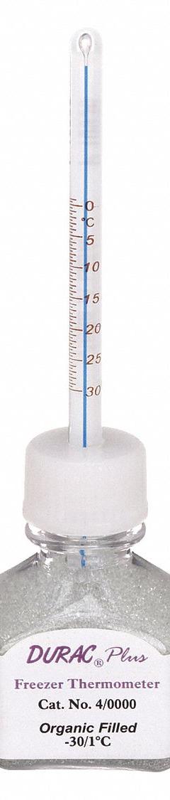 DURAC PLUS Bottle Thermometer: -30°C to 1°C, +/-0.75°C, 30 mL Bottle Volume, Glass Beads (MPN B60600-0500). Key specifications — Bottle Fill Medium: Glass Beads; Temperature Units: Celsius; Accuracy: +/-0.75°C; Brand: DURAC PLUS.