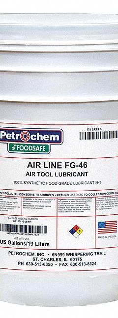 PETROCHEM Air Tool Oil: Synthetic, -63°F Min. Op Temp., 485°F Max. Op Temp., NSF H1, Food Grade (MPN FOODSAFE AIRLINE TOOL FG-46-005). Key specifications — attr1321222: Synthetic; attr1321226: 15W; attr1321227: 135; attr1321244: PETROCHEM; attr1321245: Pail.