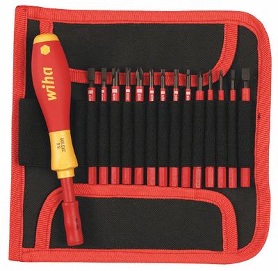 WIHA Multi-Bit Screwdriver: Phillips/Slotted/Square/Torx/Xeno Tip, 15 Tips - Insulated Multi-Bit Screwdrivers