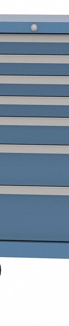 LISTA Modular Drawer Cabinet: 28 1/4 in x 22 1/2 in x 41 1/2 in, 7 Drawers, Tubular, Adj Dividers (MPN ST07-0701A-MBKABB). Key specifications — Cabinet Color: Bright Blue; Frame Assembled: Assembled; Base Type: Casters; Drawer Inside Height: (1) 3 in; Drawer HxWxD: (1) 3 in x 36 in x 18 in; Drawer Handle Type: Tubular; Cabinet Material: Steel; Cabinet Style: Drawer.