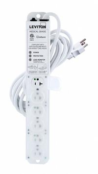 LEVITON Outlet Strip: 6 Outlets, 15 ft Cord Lg, 644 J Rated Energy, 20 A Current, White, 5-20P (MPN 53C6M-2S5). Key specifications — Brand: LEVITON; Mounting Style: Screw.